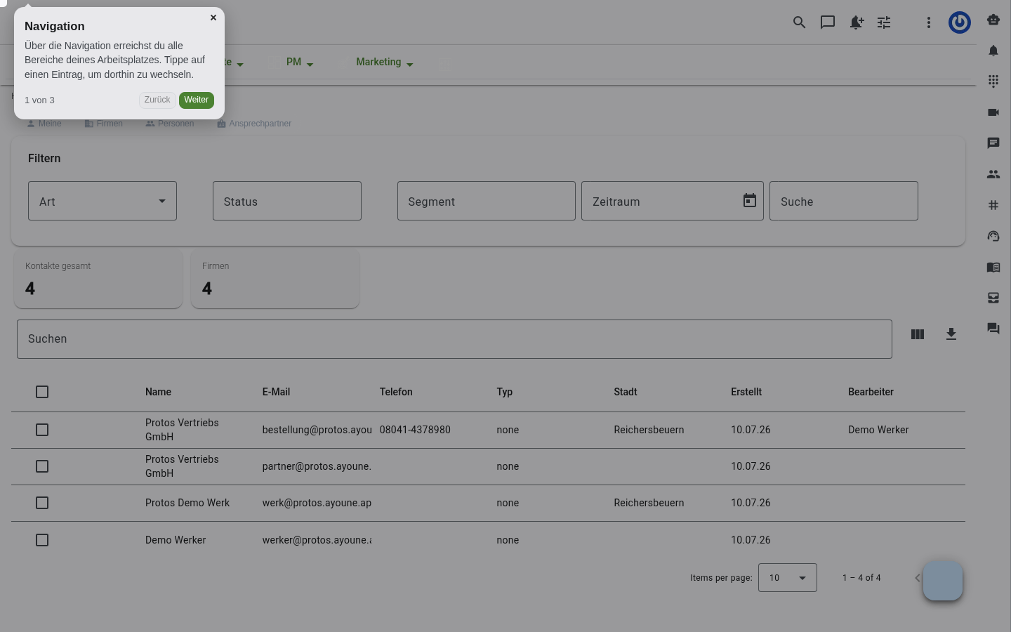 aYOUne CRM: contact list with companies and people, filters and key figures