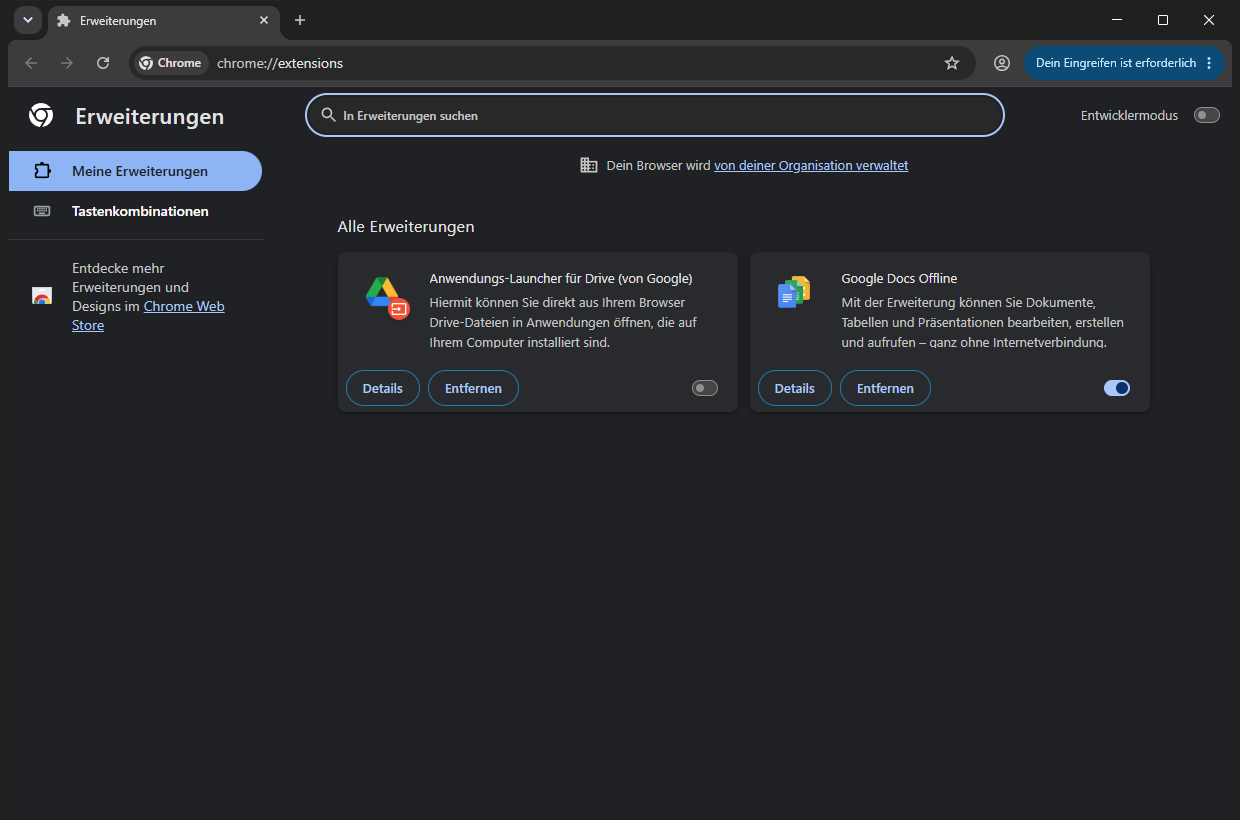 Die Chrome-Seite „Erweiterungen" mit dem Schalter „Entwicklermodus" oben rechts
