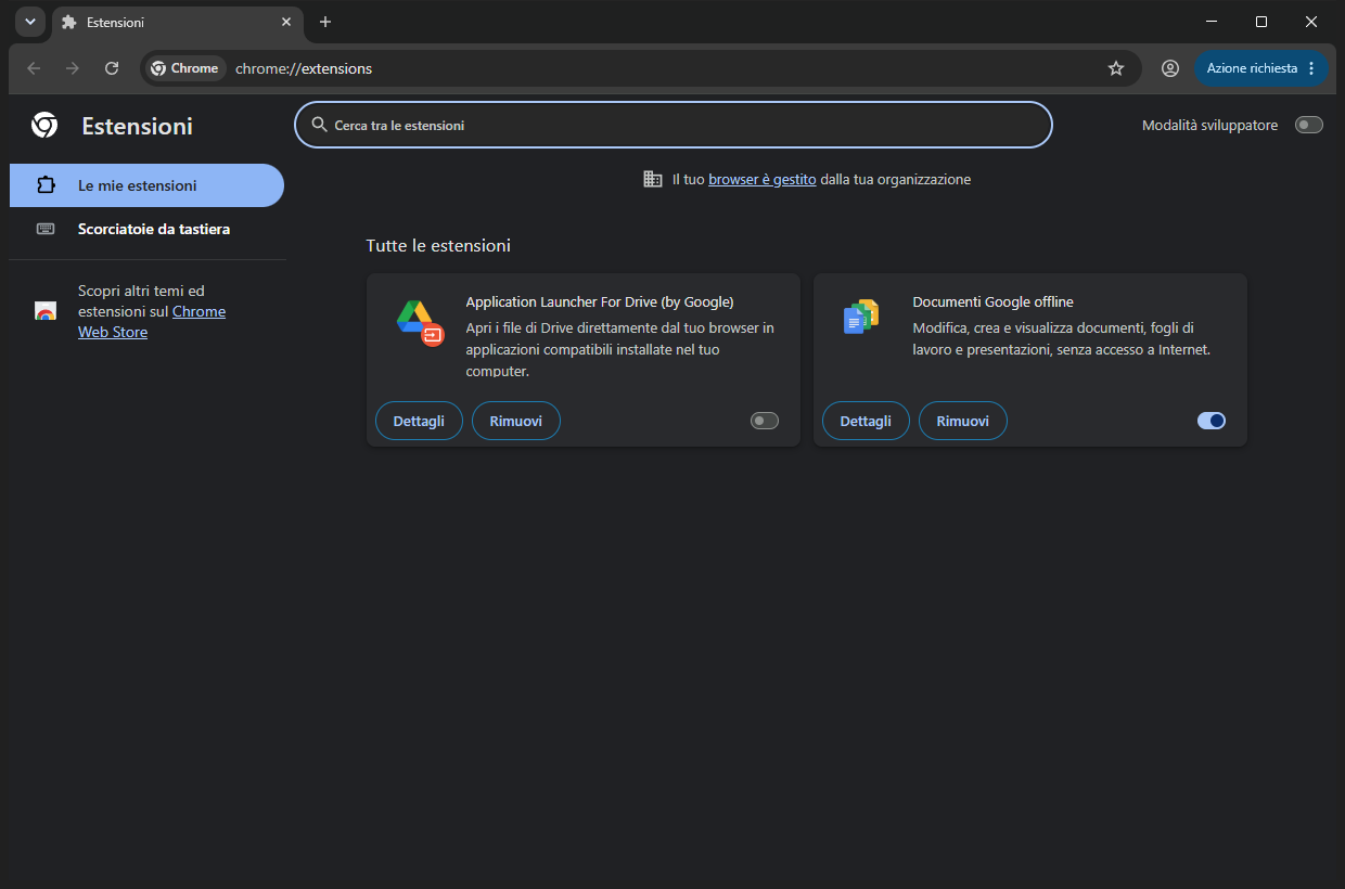 La pagina „Estensioni" di Chrome con l'interruttore „Modalità sviluppatore" in alto a destra
