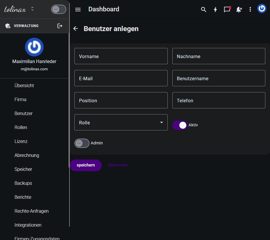 The "Create user" form with all of its fields